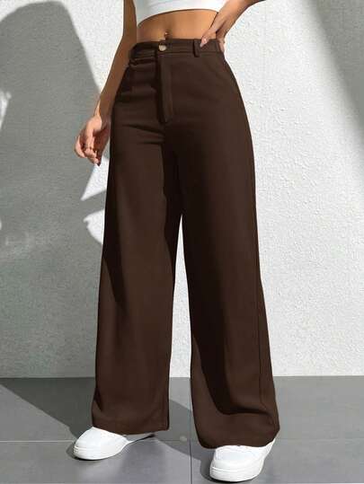 SHEIN PETITE Women's Casual Straight Leg Pants With Pockets,Petite Women Office Work Dark Brown Autumn